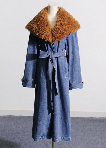 Plus Size Denim Blue Fur Collar Patchwork Tie Waist Long Trench Coats Winter RP002