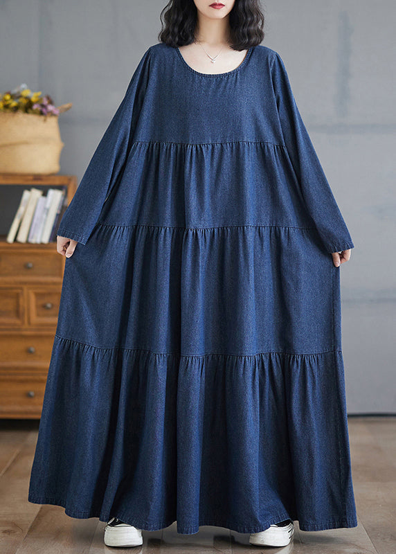Patchwork Denim Fall Blue Size Long Dresses Plus O-Neck Wrinkled