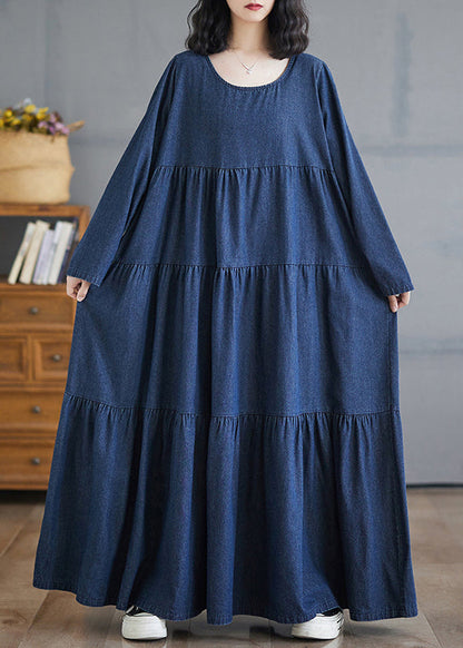 Patchwork Denim Fall Blue Size Long Dresses Plus O-Neck Wrinkled