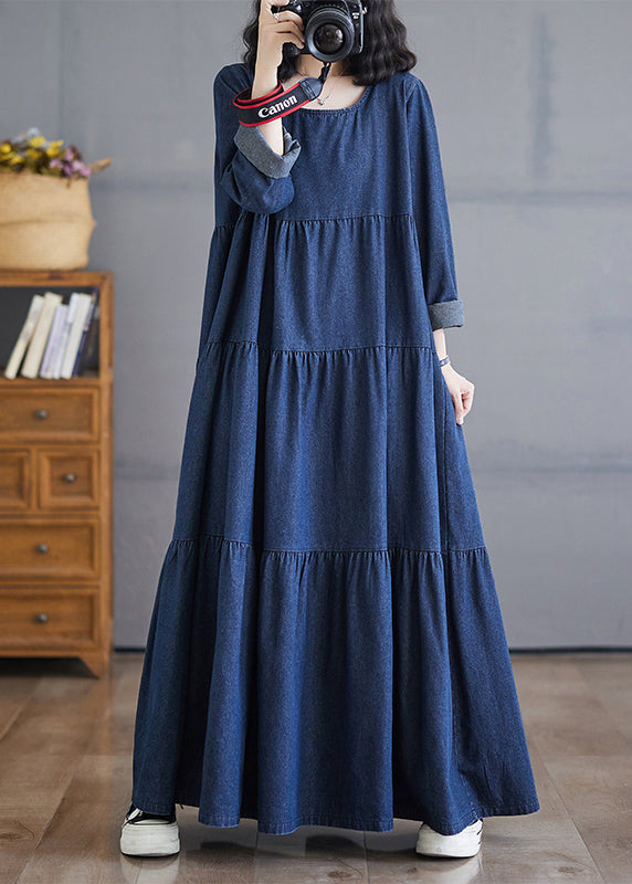 Patchwork Denim Fall Blue Size Long Dresses Plus O-Neck Wrinkled