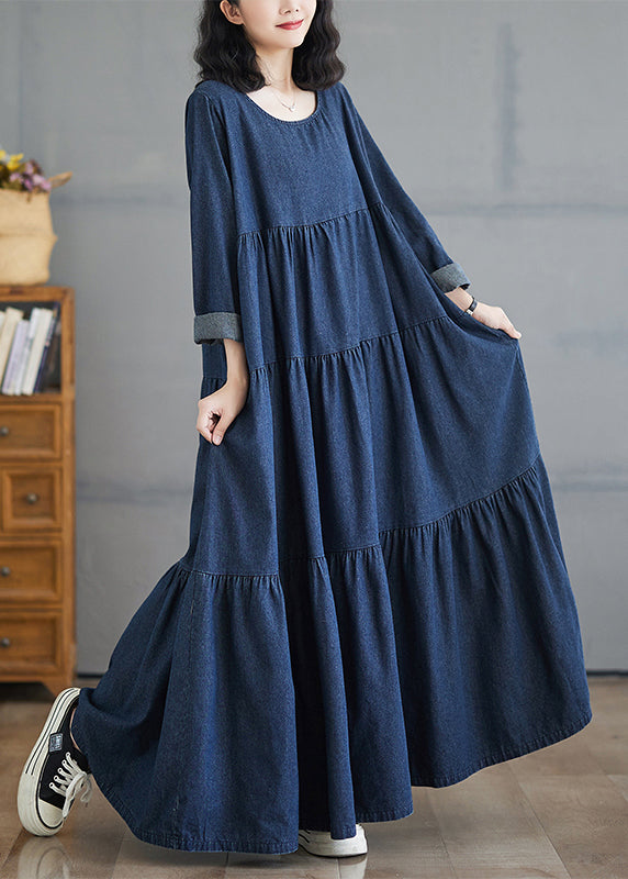 Patchwork Denim Fall Blue Size Long Dresses Plus O-Neck Wrinkled
