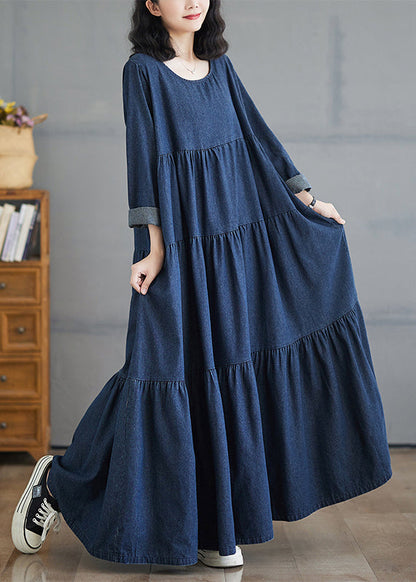 Patchwork Denim Fall Blue Size Long Dresses Plus O-Neck Wrinkled