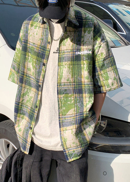 Summer Men Green Plaid Shirts Size Tie Plus Cotton Dye