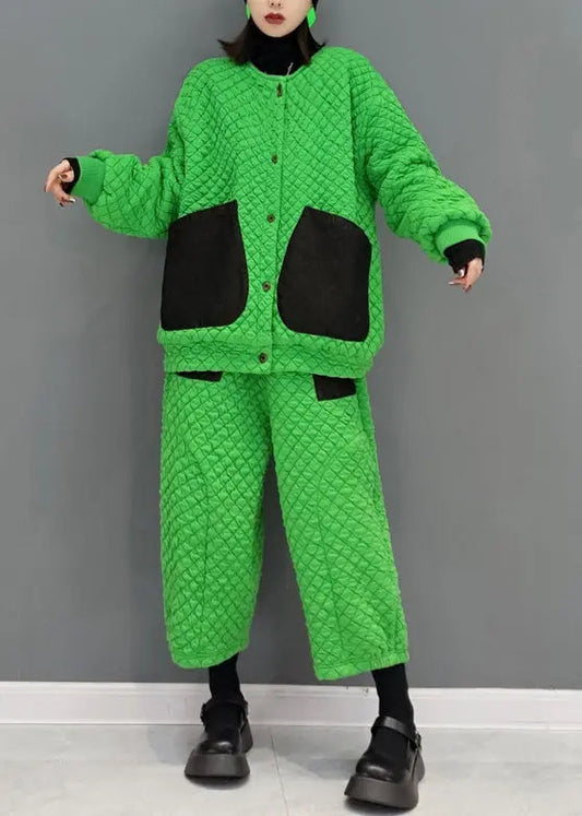 Plus Size Green Pockets Patchwork Fine Cotton Filled Two Pieces Set Fall Ada Fashion