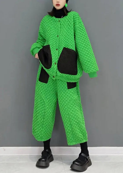Plus Size Green Pockets Patchwork Fine Cotton Filled Two Pieces Set Fall Ada Fashion