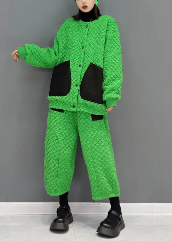 Plus Size Green Pockets Patchwork Fine Cotton Filled Two Pieces Set Fall Ada Fashion
