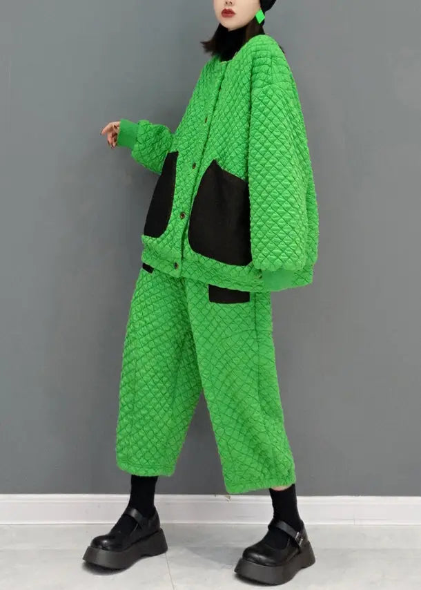 Plus Size Green Pockets Patchwork Fine Cotton Filled Two Pieces Set Fall Ada Fashion