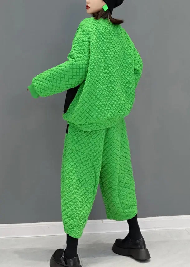 Plus Size Green Pockets Patchwork Fine Cotton Filled Two Pieces Set Fall Ada Fashion