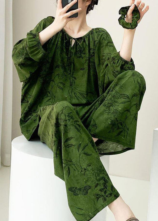 Two Size Set Lace Fall Pajamas Print Plus Up Pieces Green Cotton