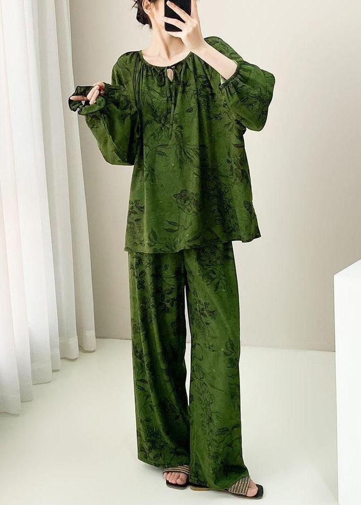Two Size Set Lace Fall Pajamas Print Plus Up Pieces Green Cotton