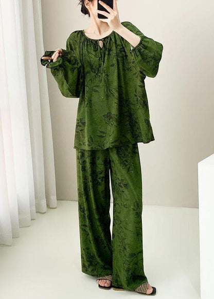 Two Size Set Lace Fall Pajamas Print Plus Up Pieces Green Cotton