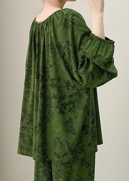 Two Size Set Lace Fall Pajamas Print Plus Up Pieces Green Cotton