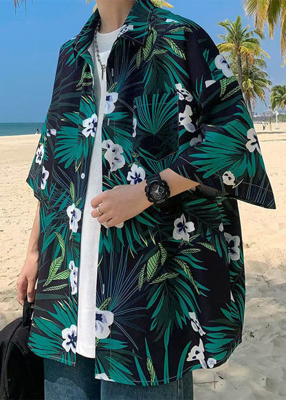 Green Cotton Shirts Print Sleeve Plus Pockets Half Mens Size