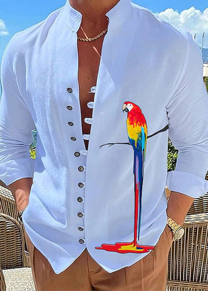 Plus Collar Size Print Fall Cotton Shirts Stand Men Button Green