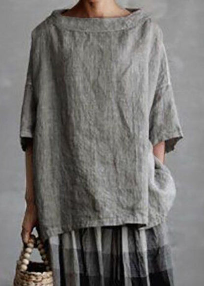 Shirts O-Neck Size T Grey Summer Solid Patchwork Plus