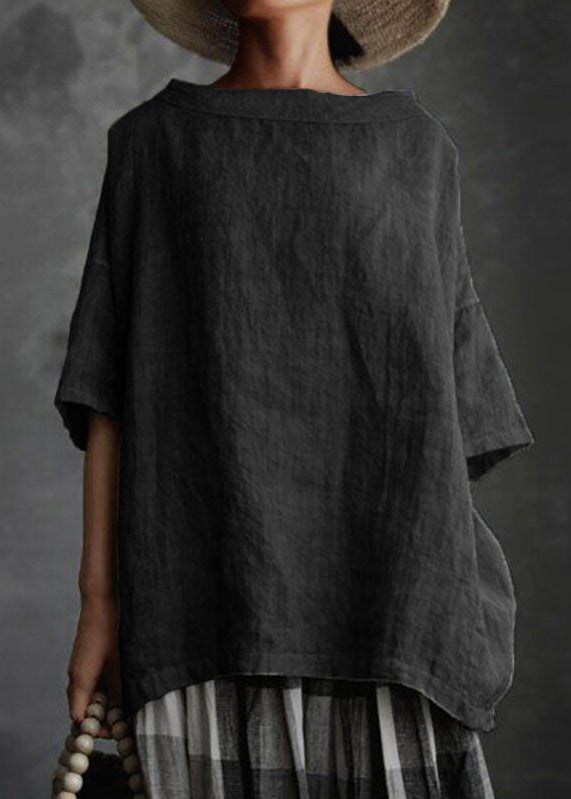 Shirts O-Neck Size T Grey Summer Solid Patchwork Plus