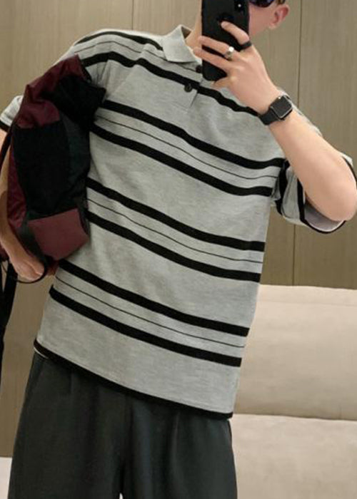 Men Grey Summer Button Plus Cotton Size Striped Shirts Polo
