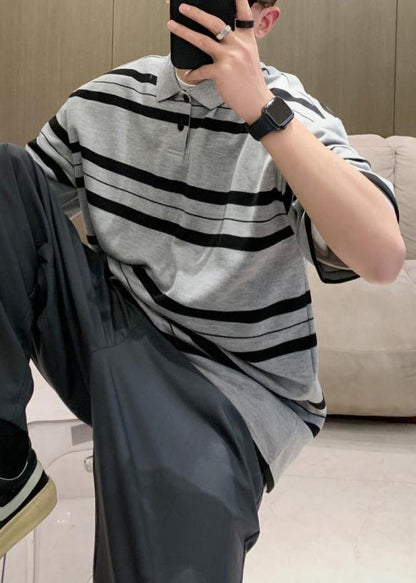 Men Grey Summer Button Plus Cotton Size Striped Shirts Polo