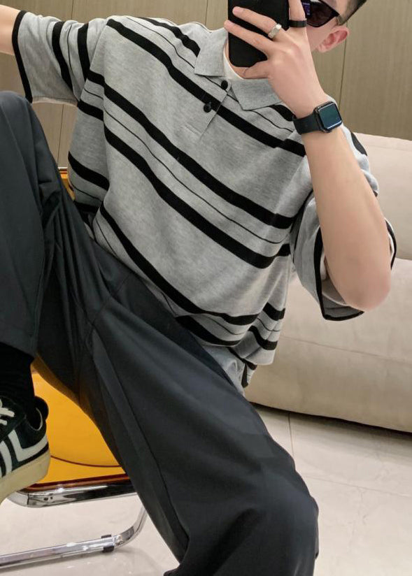 Men Grey Summer Button Plus Cotton Size Striped Shirts Polo