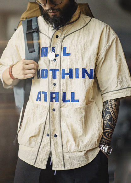 Cotton Pockets Khaki Button Size Shirts Men Plus Letter Half