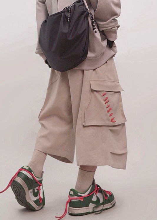 Men Pockets Crop Khaki Elastic Cotton Pants Waist Size Plus