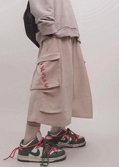 Men Pockets Crop Khaki Elastic Cotton Pants Waist Size Plus