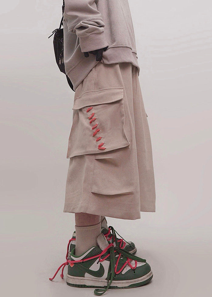 Men Pockets Crop Khaki Elastic Cotton Pants Waist Size Plus