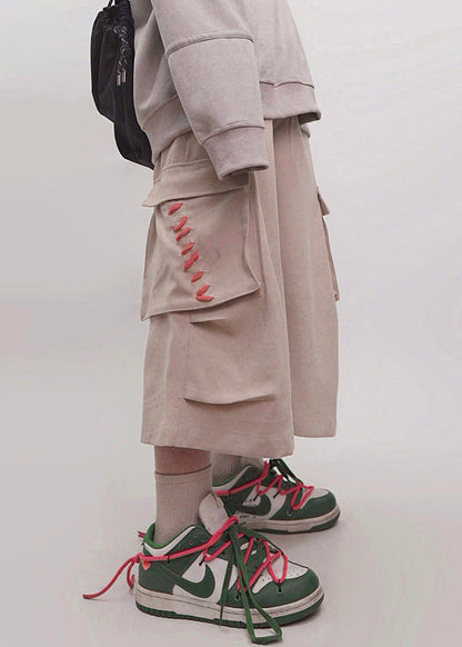 Men Pockets Crop Khaki Elastic Cotton Pants Waist Size Plus