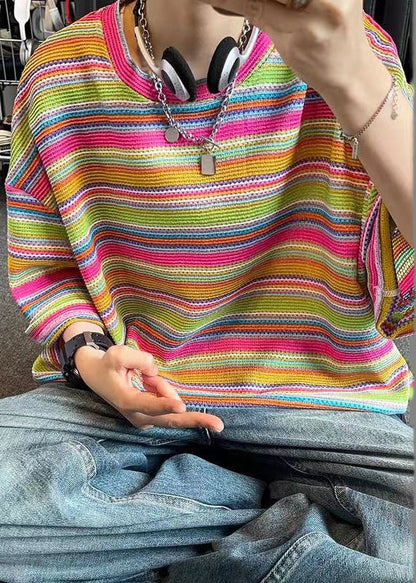 Khaki T Size Plus Summer Knit Shirt Out Striped Men Hollow