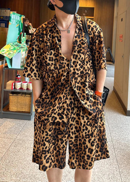 Plus Size Leopard Peter Pan Collar Pockets Cotton Mens Two Pieces Set Summer HG053