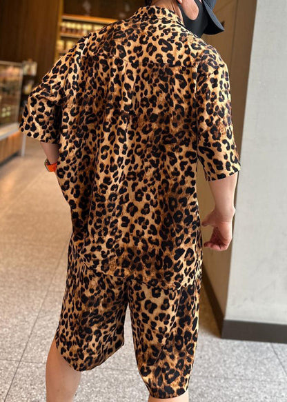 Plus Size Leopard Peter Pan Collar Pockets Cotton Mens Two Pieces Set Summer HG053