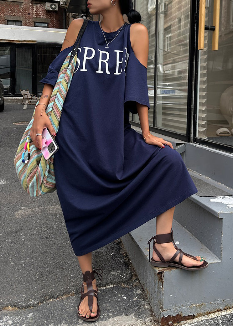 Size Plus Blue Cold Maxi Navy Graphic Dress Holiday Shoulder