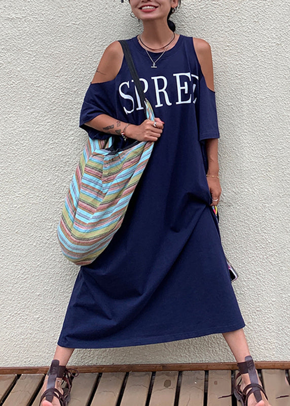 Size Plus Blue Cold Maxi Navy Graphic Dress Holiday Shoulder