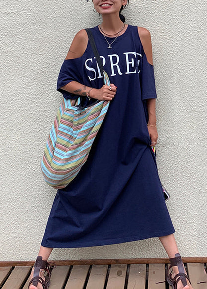 Size Plus Blue Cold Maxi Navy Graphic Dress Holiday Shoulder