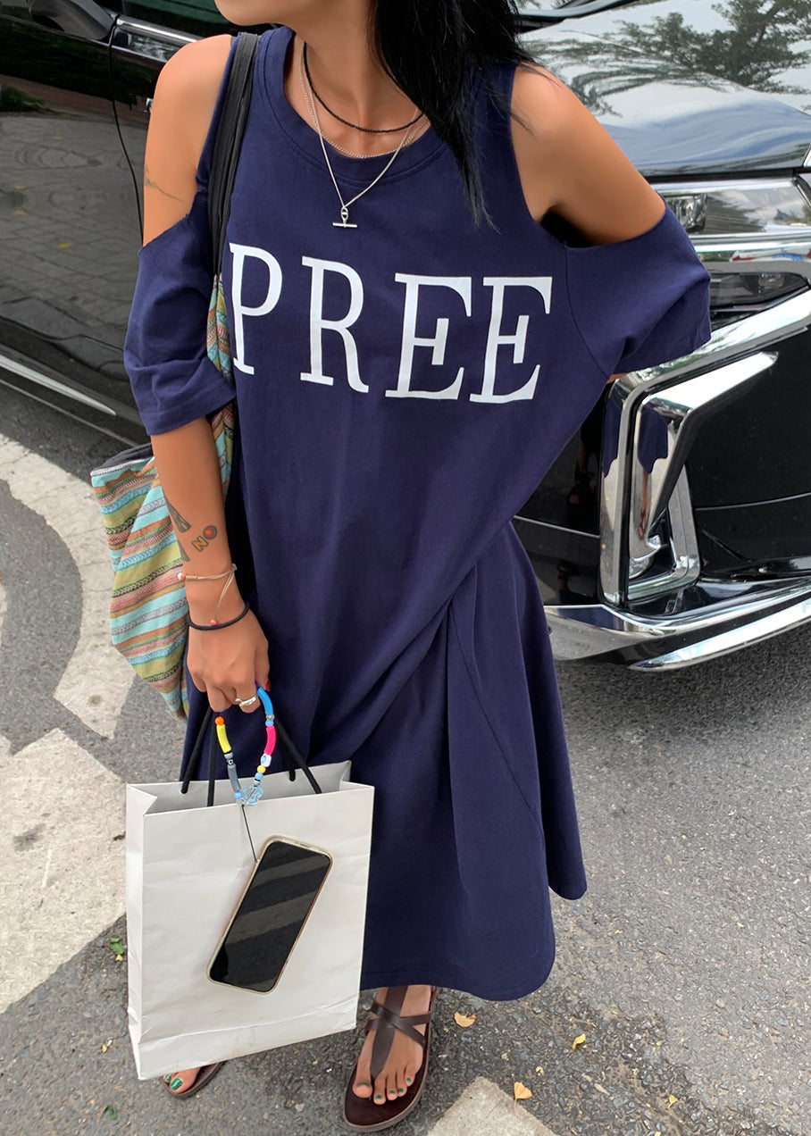 Size Plus Blue Cold Maxi Navy Graphic Dress Holiday Shoulder