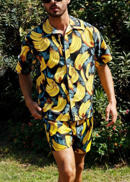 Plus Size Navy Button Print Pockets Cotton Men Two Pieces Set Summer HG055