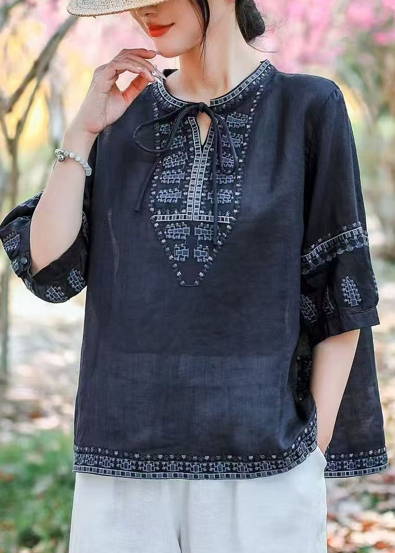 Blouses Navy Size Plus Embroidered Summer Linen