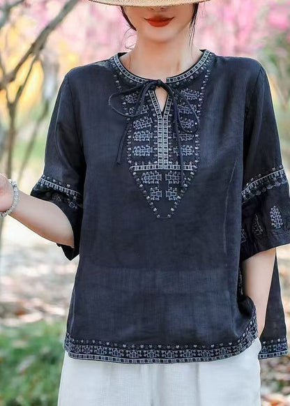 Blouses Navy Size Plus Embroidered Summer Linen