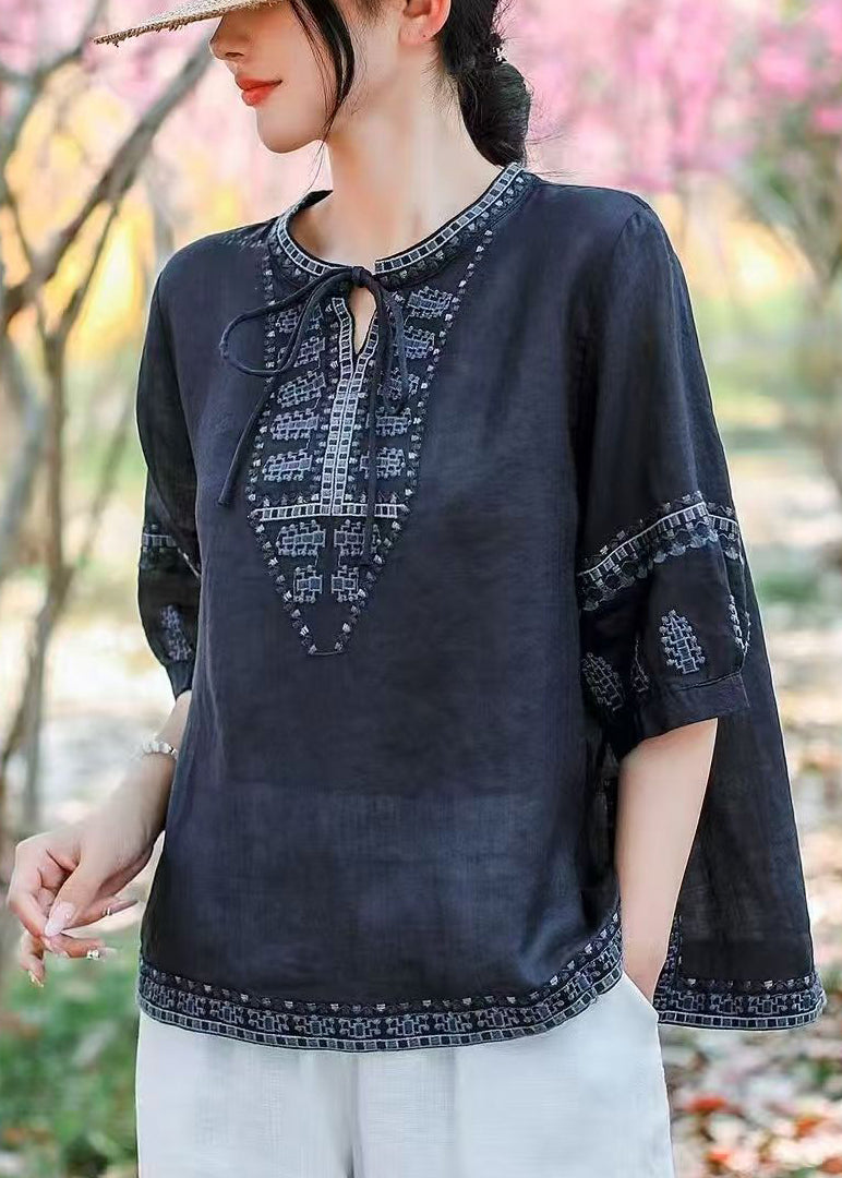 Blouses Navy Size Plus Embroidered Summer Linen