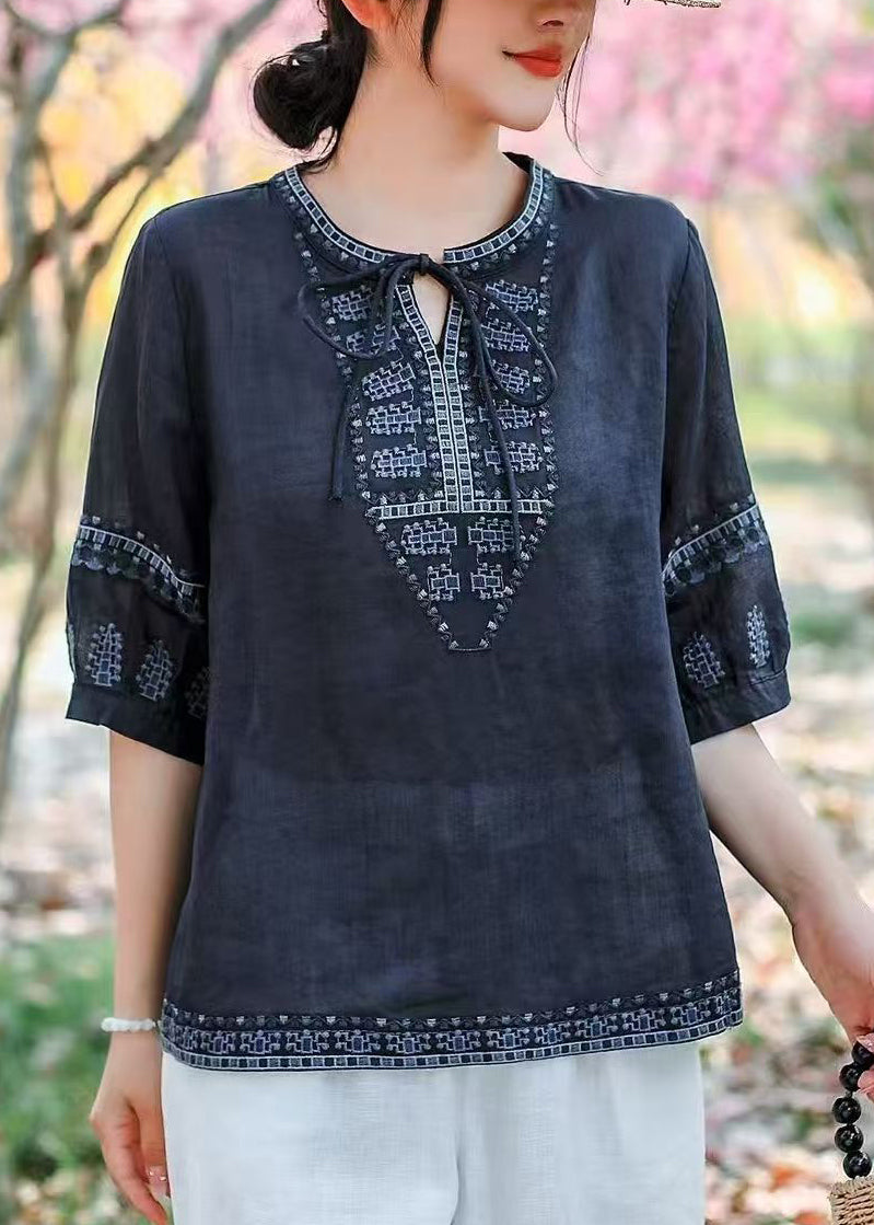 Blouses Navy Size Plus Embroidered Summer Linen