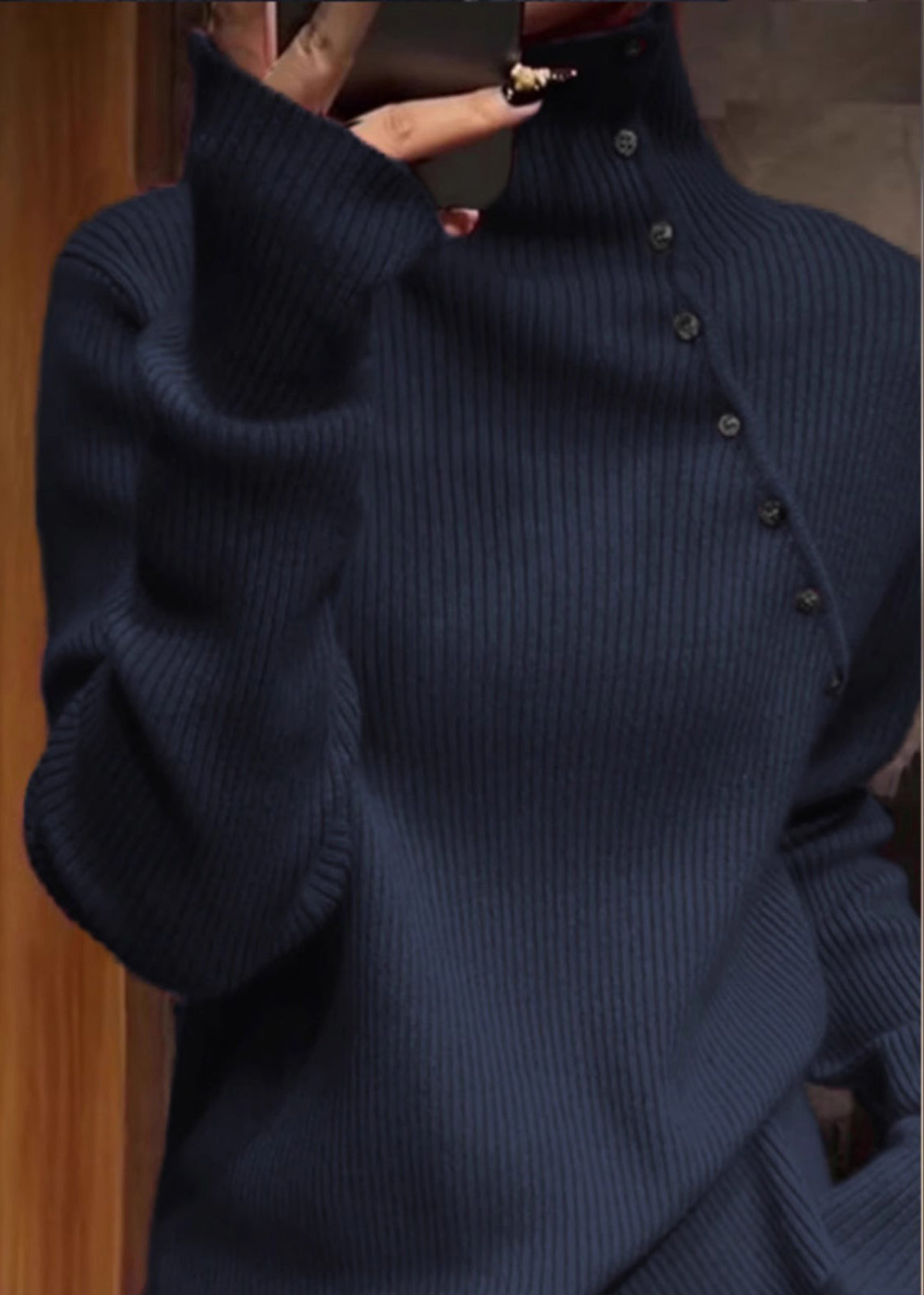 Plus Size Navy High Neck Knit Sweater Tops Spring TN010