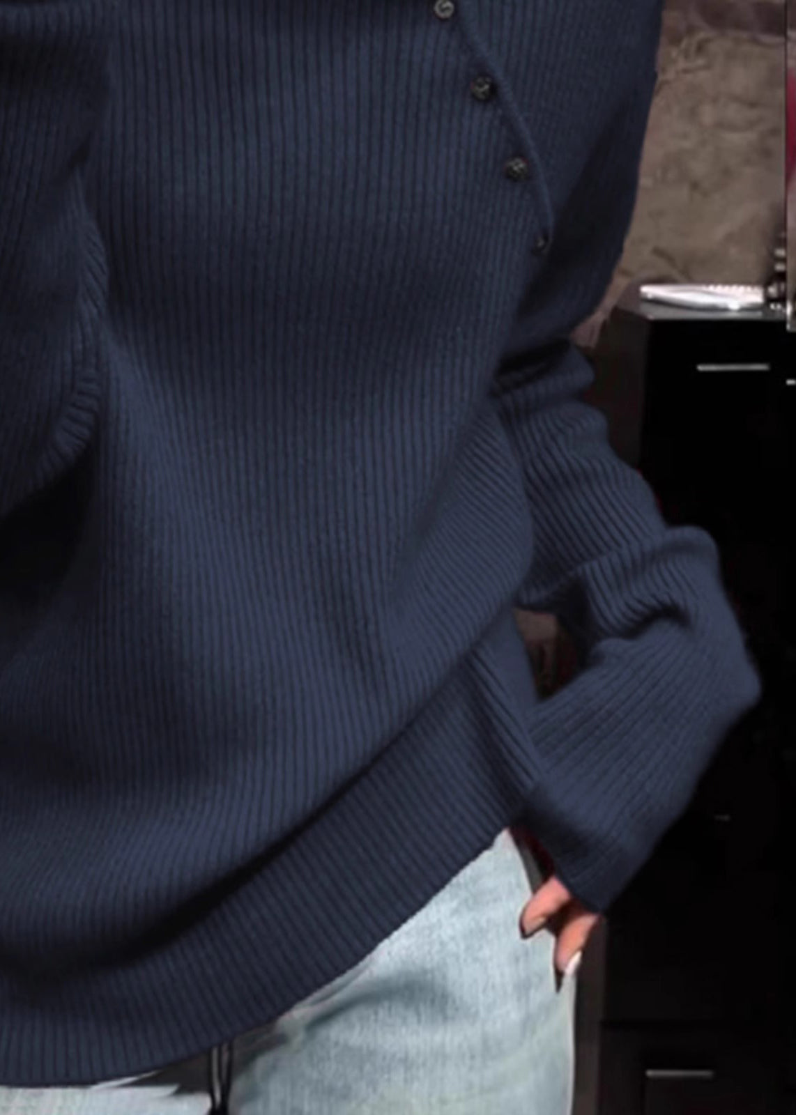 Plus Size Navy High Neck Knit Sweater Tops Spring TN010