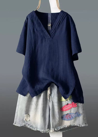 Summer Size Wrinkled V Navy Neck Linen Plus Tank