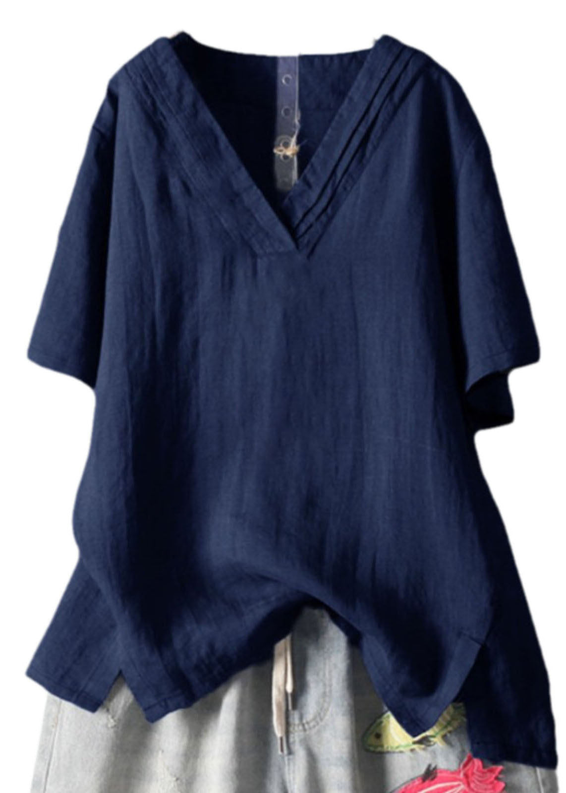 Linen Size Neck Tank V Wrinkled Navy Plus Summer