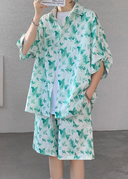 Plus Size Orange Button Print Ice Silk Men Two Pieces Set Half Sleeve HG056