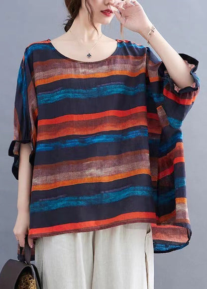 Plus Size Orange O Neck Striped Cotton Top Batwing Sleeve BV085
