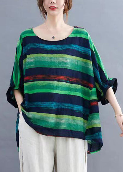 Plus Size Orange O Neck Striped Cotton Top Batwing Sleeve BV085
