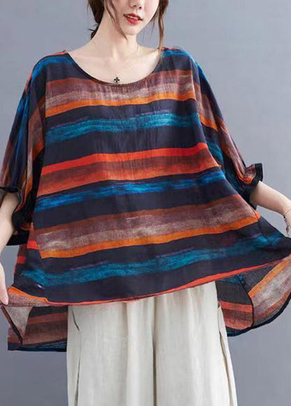 Plus Size Orange O Neck Striped Cotton Top Batwing Sleeve BV085