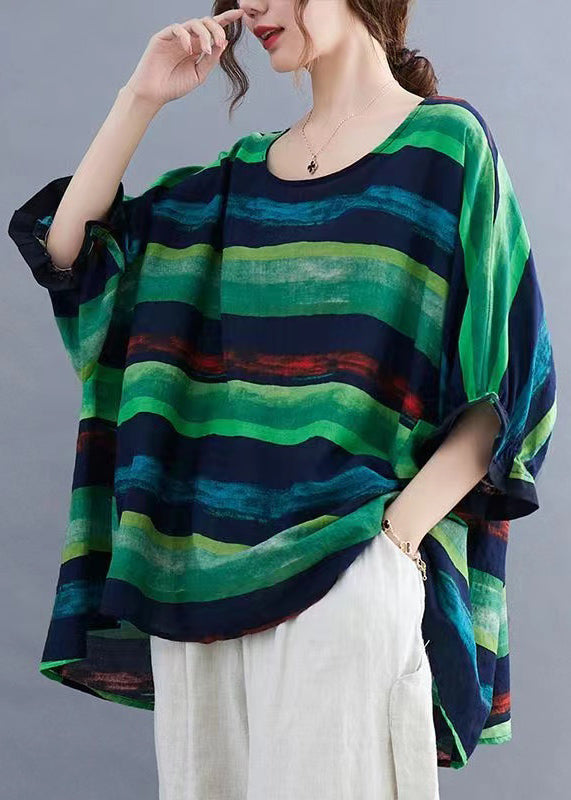 Plus Size Orange O Neck Striped Cotton Top Batwing Sleeve BV085