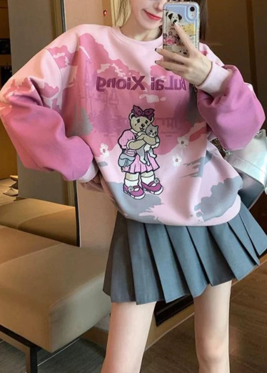 Plus Size Pink O Neck Embroidered Tie Dye Cotton Pullover Streetwear Spring YF002